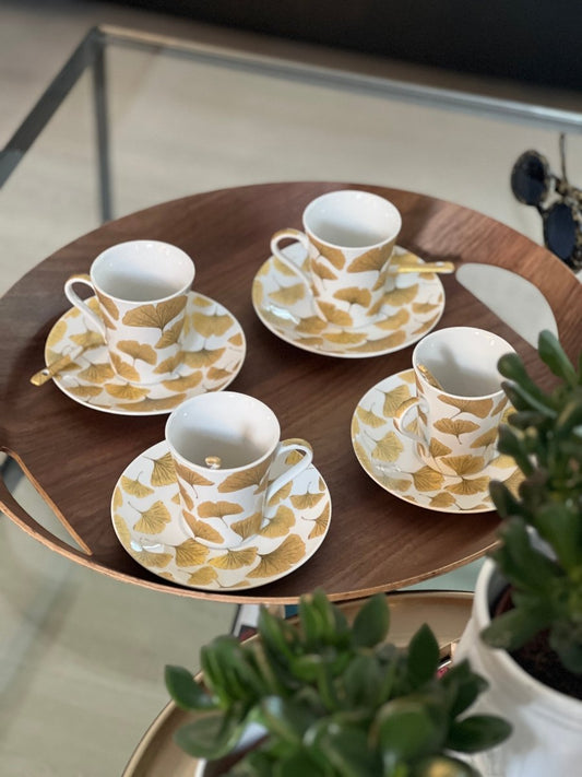 Coffret de 4 Tasses à café porcelaine blanc or + sous-tasses + cuillères FALL - B&Inside