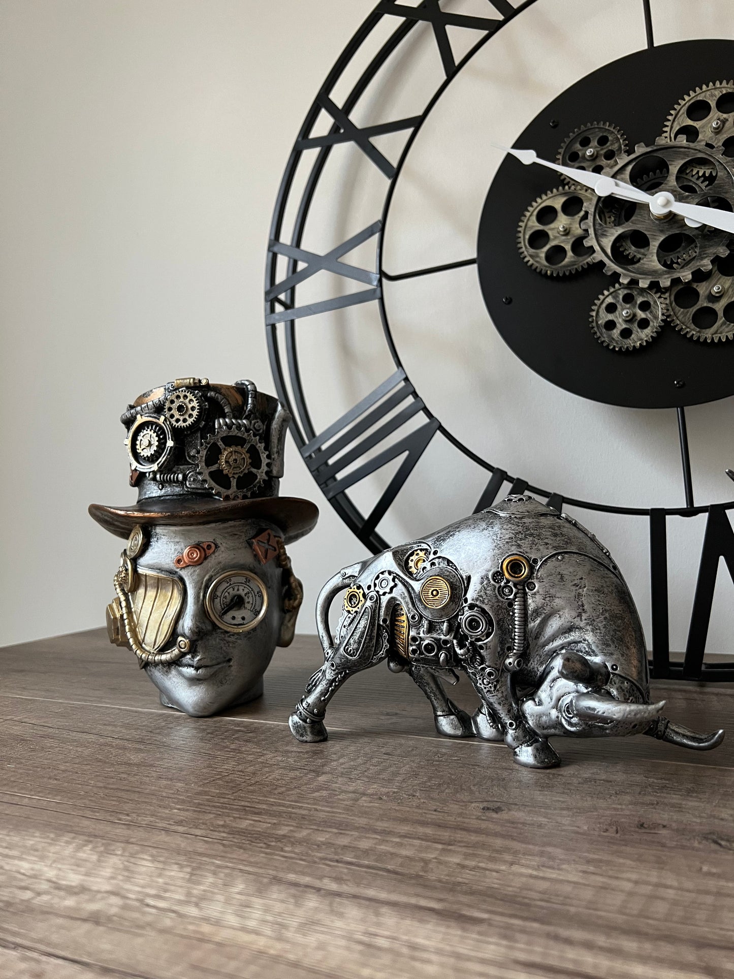 HEAD - Visage d'homme argenté, doré et bronze, style steampunk - B&Inside