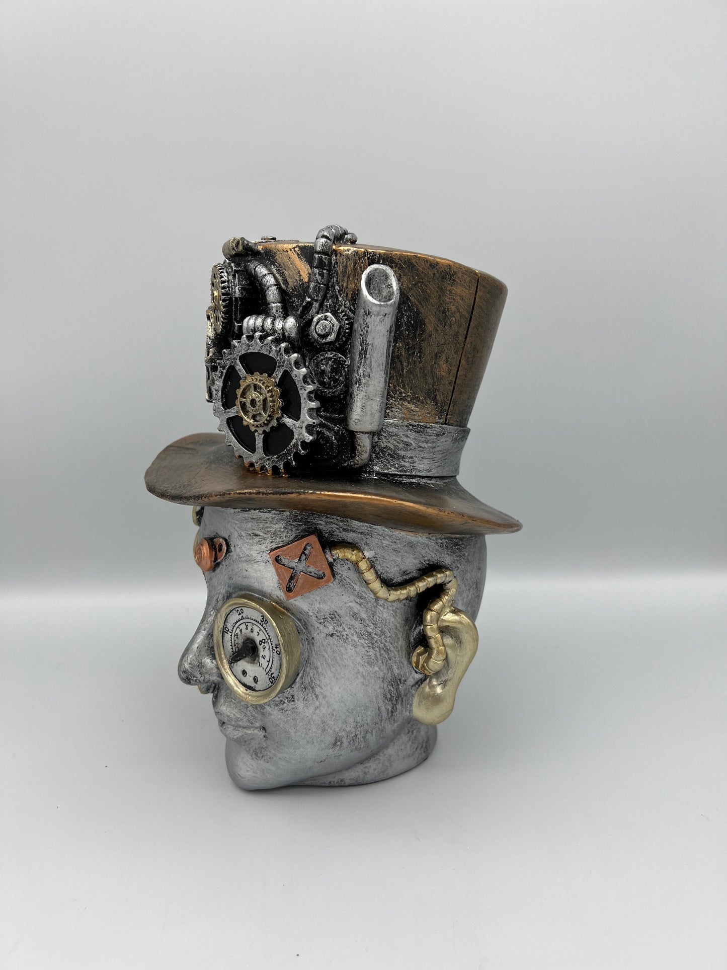 HEAD - Visage d'homme argenté, doré et bronze, style steampunk - B&Inside