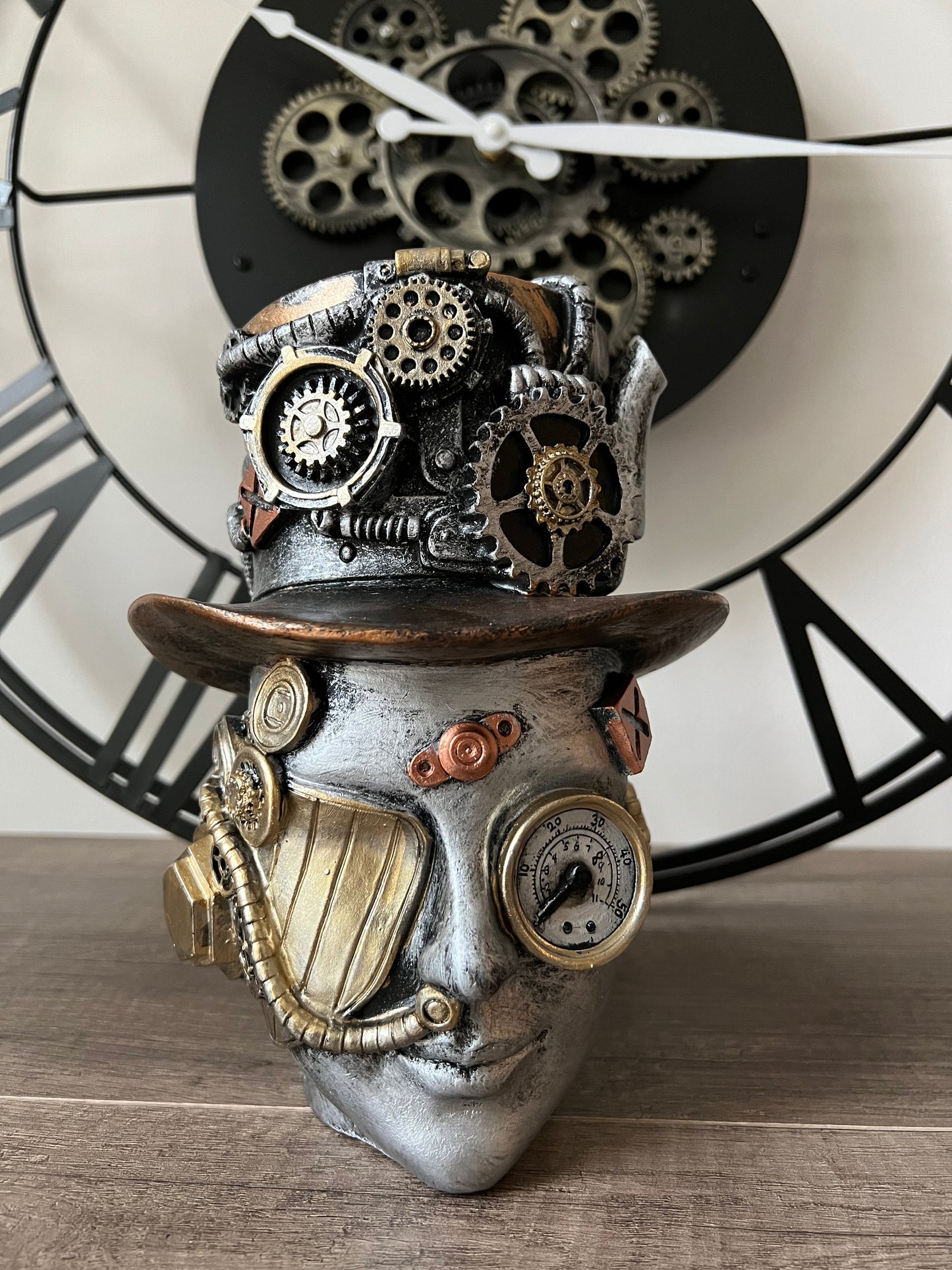 HEAD - Visage d'homme argenté, doré et bronze, style steampunk - B&Inside