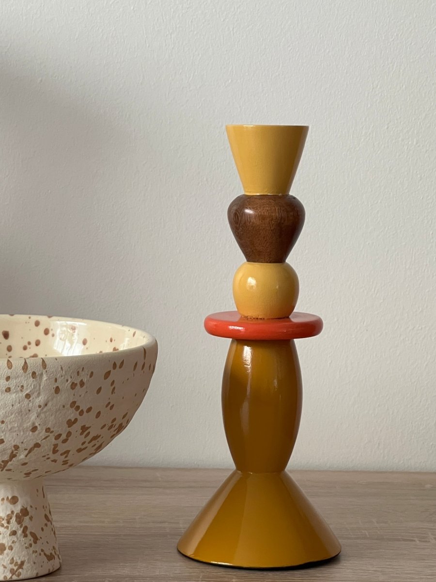 Bougeoir en bois de manguier ocre et orangé - Rhys - B&Inside