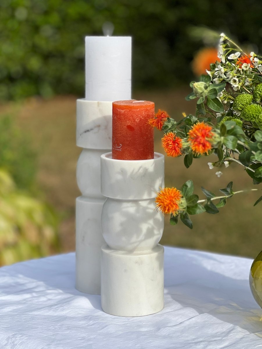 Bougeoirs Marbre Blanc NEWHAM - Set 2 Tailles 30cm & 23cm - B&Inside