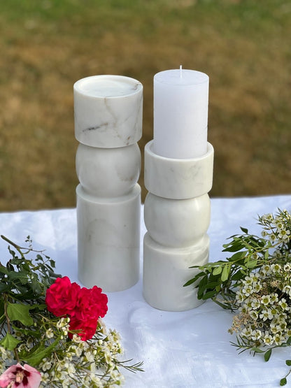 Bougeoirs Marbre Blanc NEWHAM - Set 2 Tailles 30cm & 23cm - B&Inside