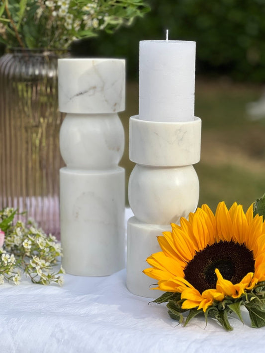Bougeoirs Marbre Blanc NEWHAM - Set 2 Tailles 30cm & 23cm - B&Inside