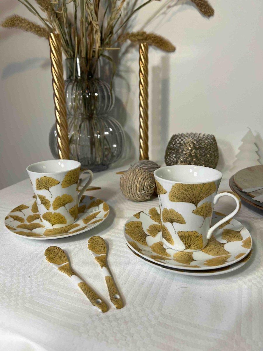 Coffret de 4 Tasses à café porcelaine blanc or + sous - tasses + cuillères FALL - B&Inside