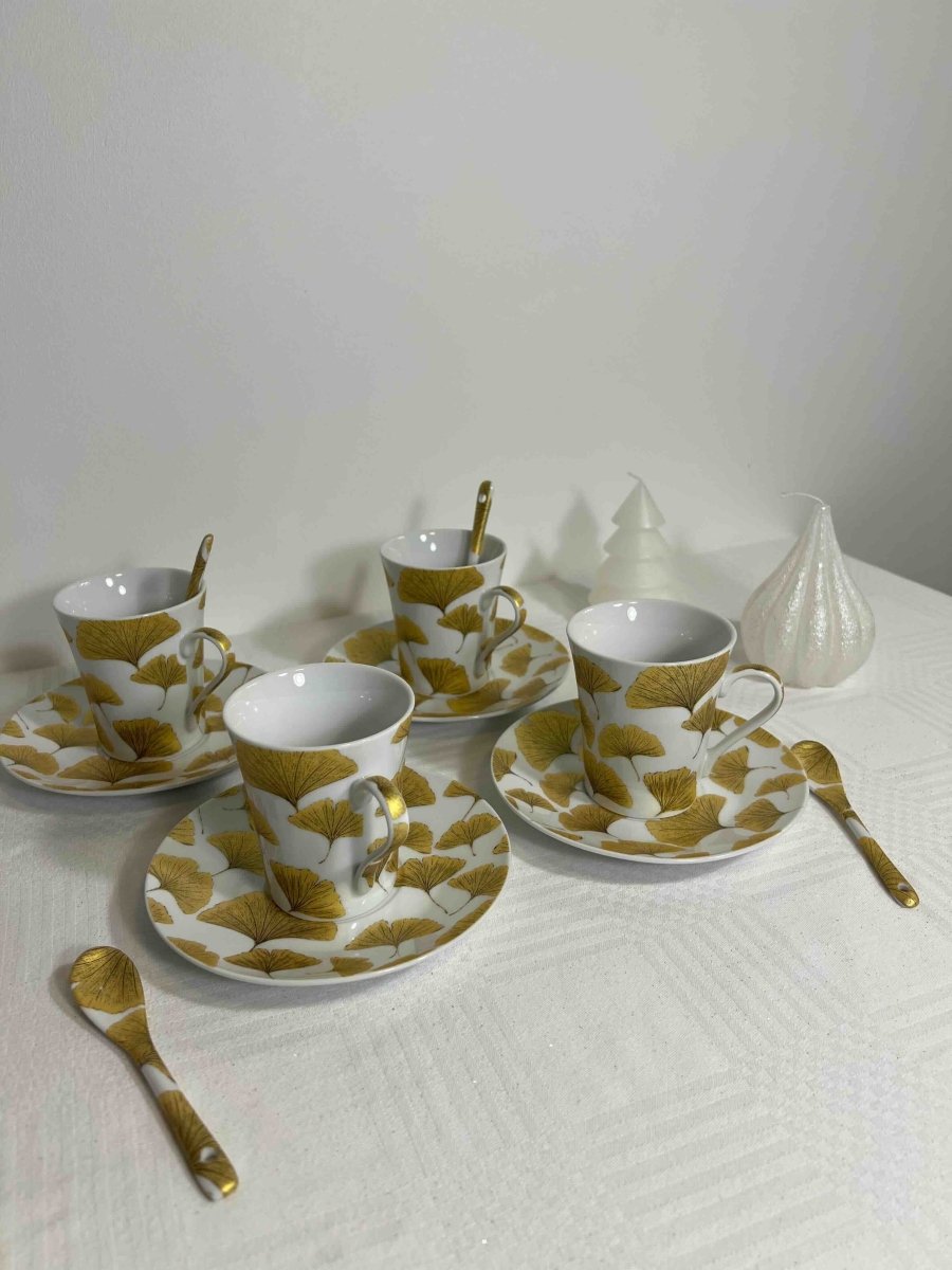 Coffret de 4 Tasses à café porcelaine blanc or + sous - tasses + cuillères FALL - B&Inside