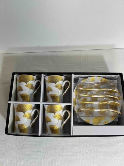 Coffret de 4 Tasses à café porcelaine blanc or + sous - tasses + cuillères FALL - B&Inside