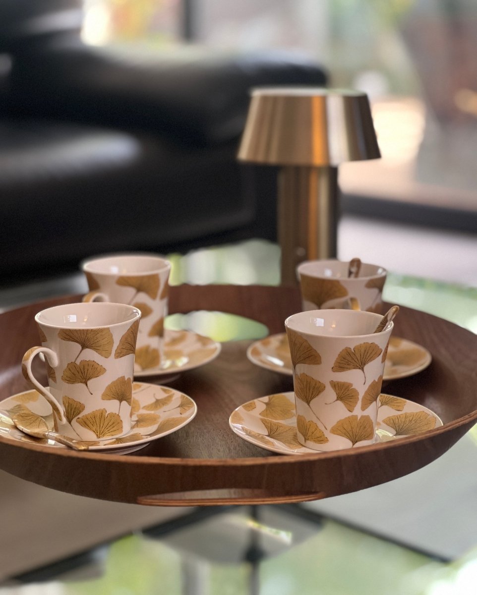 Coffret de 4 Tasses à café porcelaine blanc or + sous-tasses + cuillères FALL - B&Inside