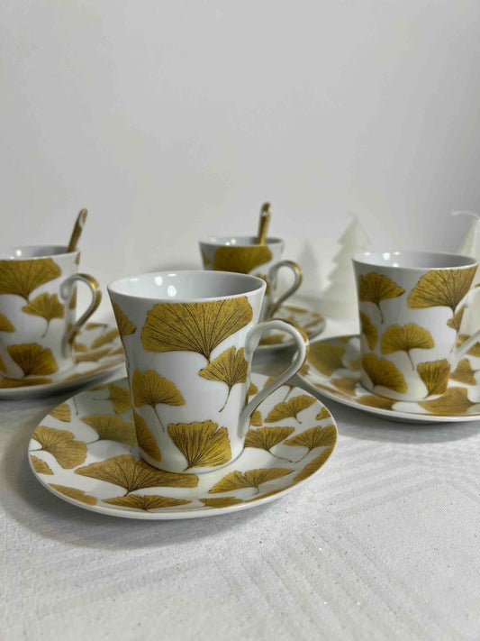 Coffret de 4 Tasses à café porcelaine blanc or + sous - tasses + cuillères FALL - B&Inside