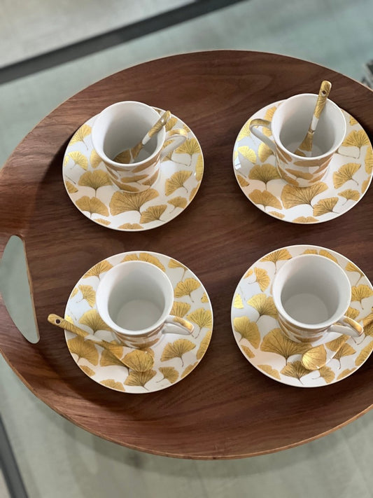 Coffret de 4 Tasses à café porcelaine blanc or + sous-tasses + cuillères FALL - B&Inside