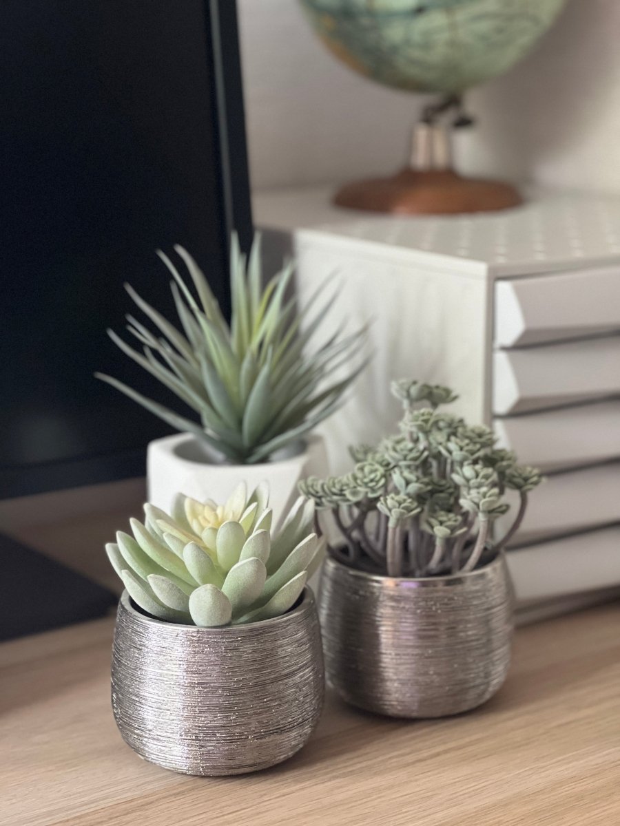 Plante grasse artificielle IMMORTAL FLOWER - Pot argent brossé - B&Inside