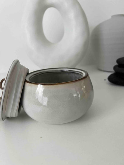 Pot Grès Gris Couvercle Cuir HARRY - Style Moderne - B&Inside